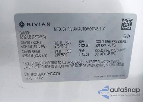 2024 Rivian R1T Adventure Dual Motor Large Pack/Adventure Dual Motor Perf Large Pack из США, поврежденный, VIN 7FCTGBAA1RN032395